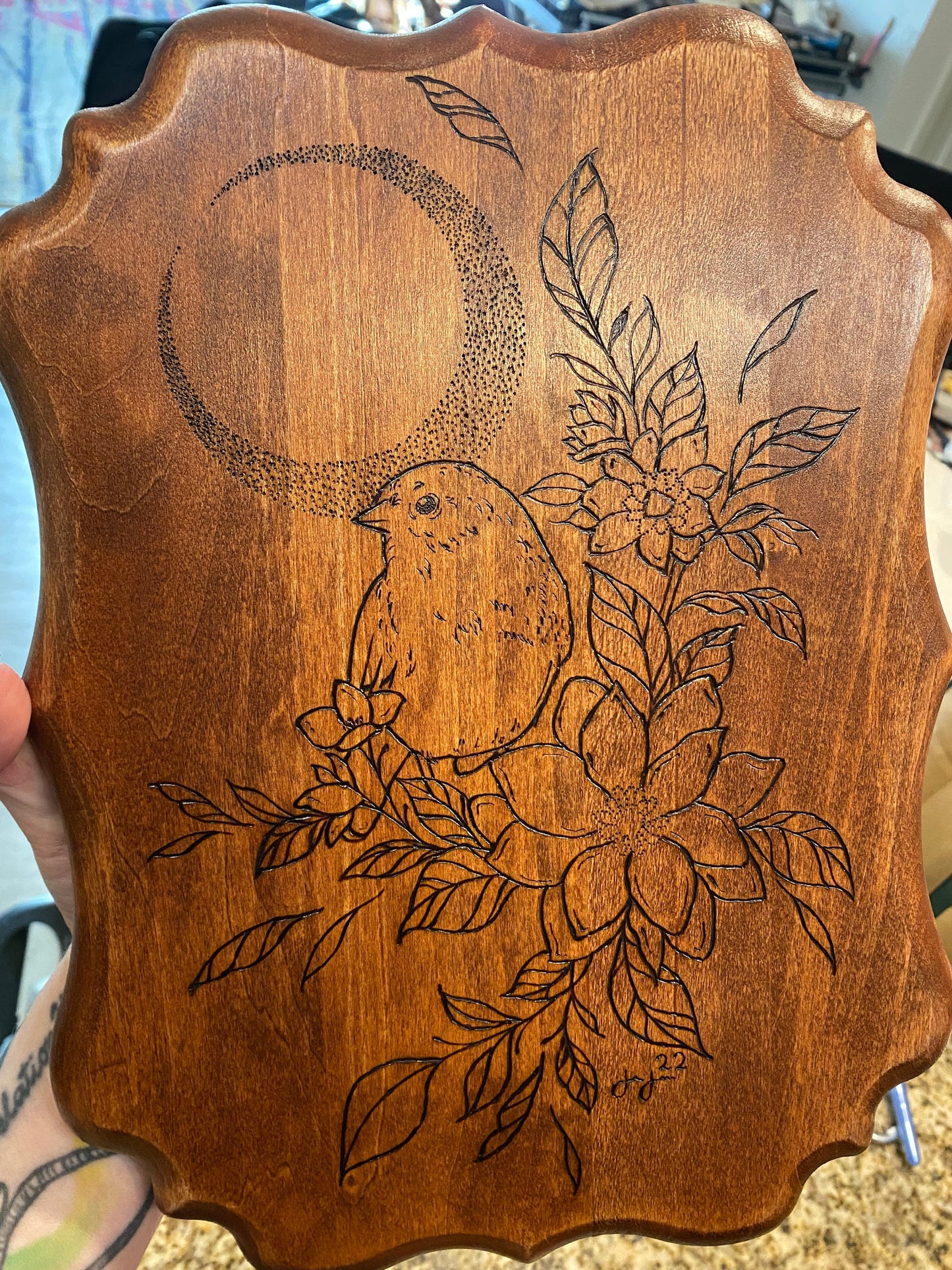 Bird&Moon Wood-burned Piece