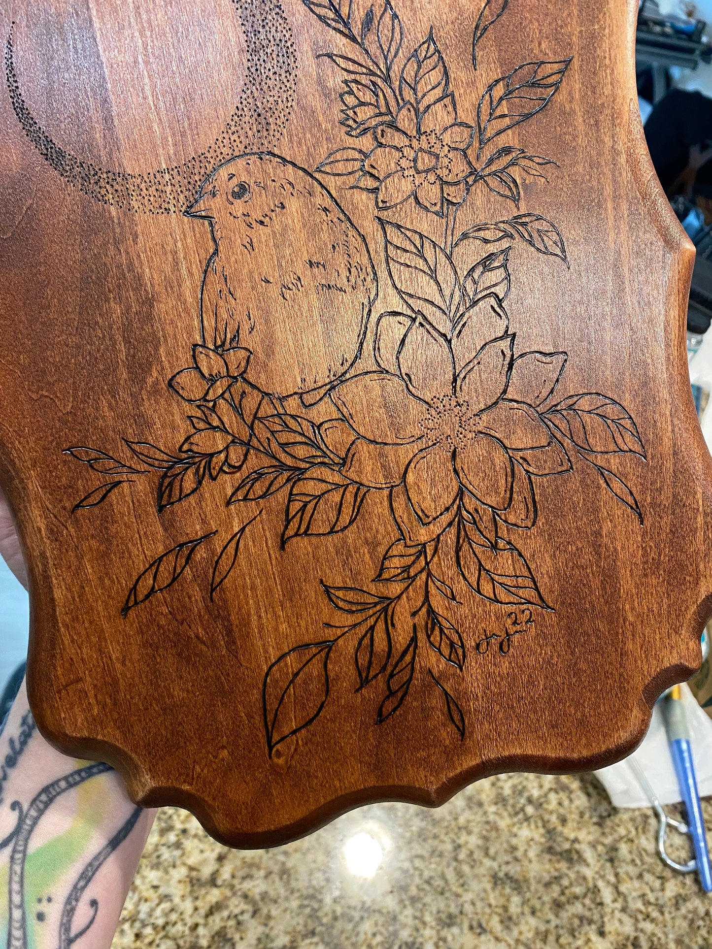 Bird&Moon Wood-burned Piece