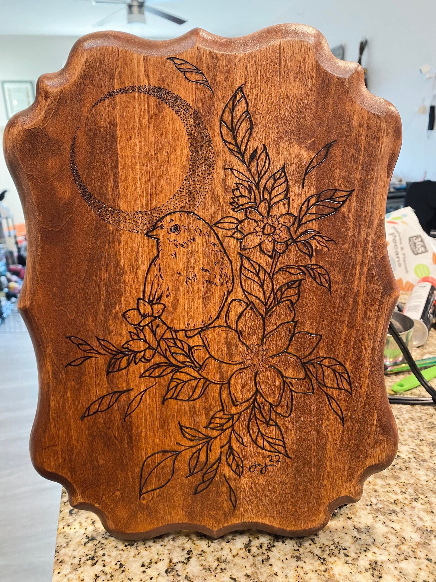 Bird&Moon Wood-burned Piece