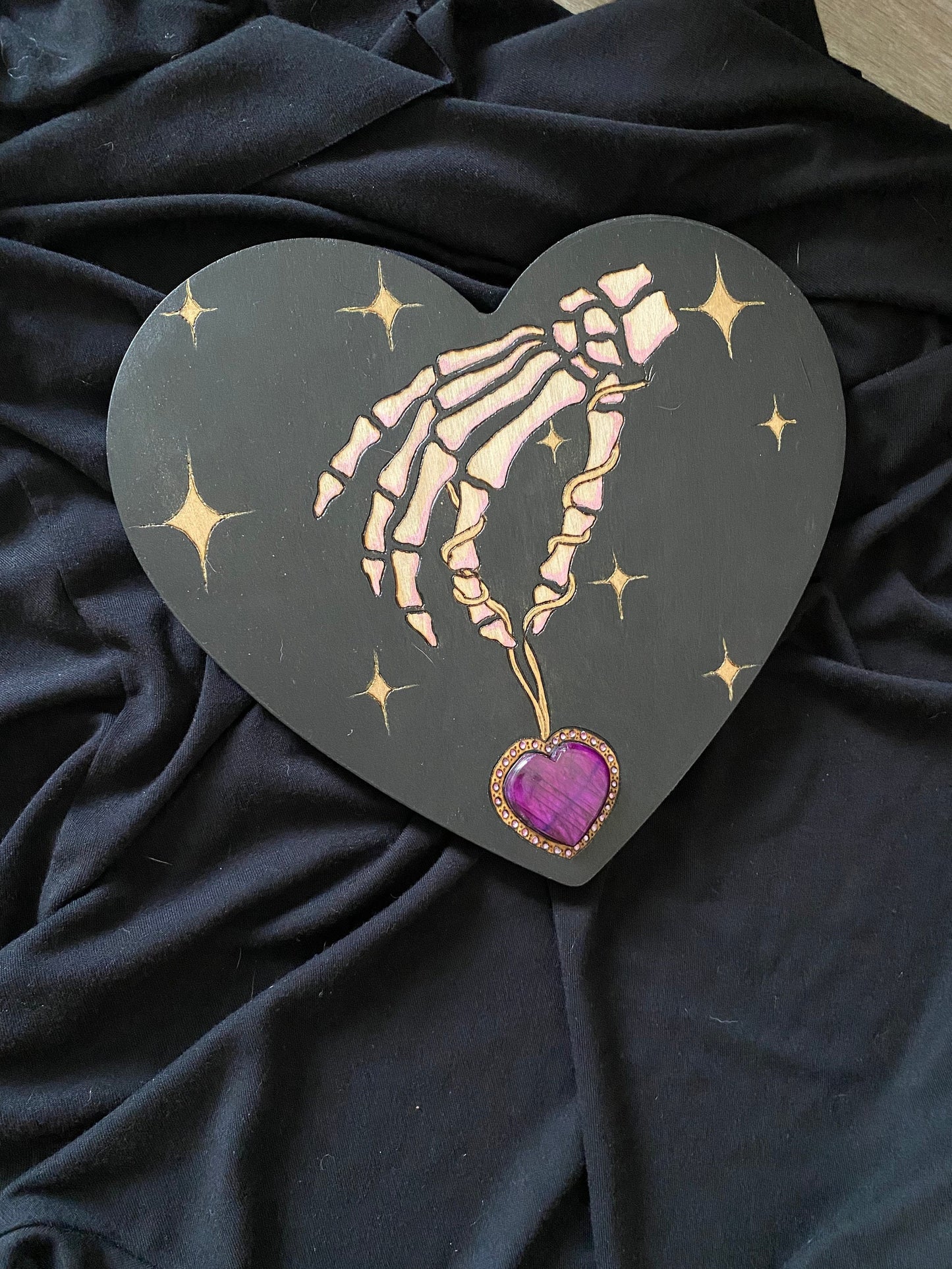 Skeleton Hand Labradorite Heart Wood Piece
