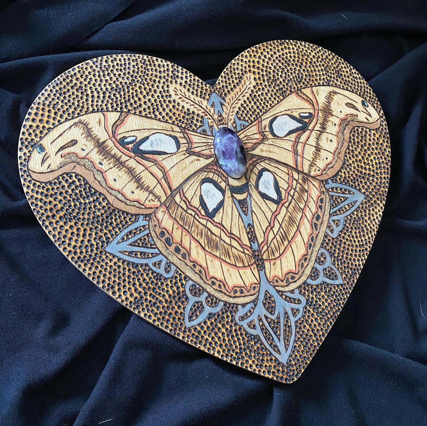 Amethyst Moth Wood Burned Heart